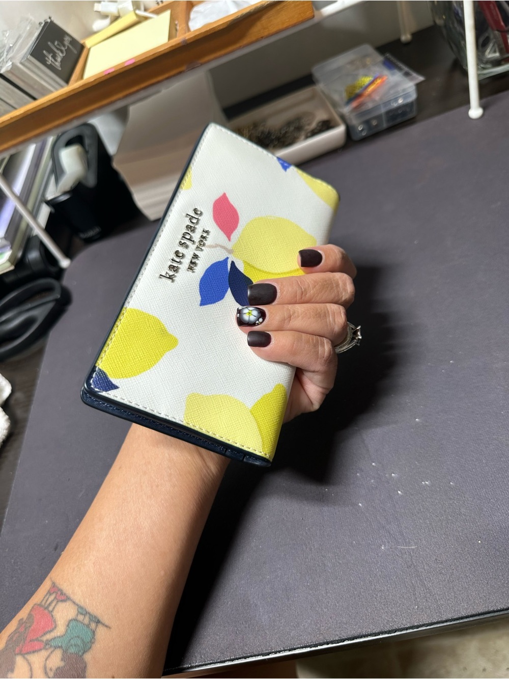 kate spade Lemon Print Continental Wallet - Yellow, White, Navy